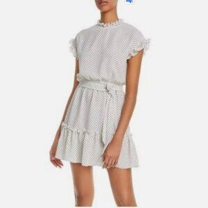 Aqua White Black Polka Dot Mock Neck Ruffle Sleeve Mini Dress XS